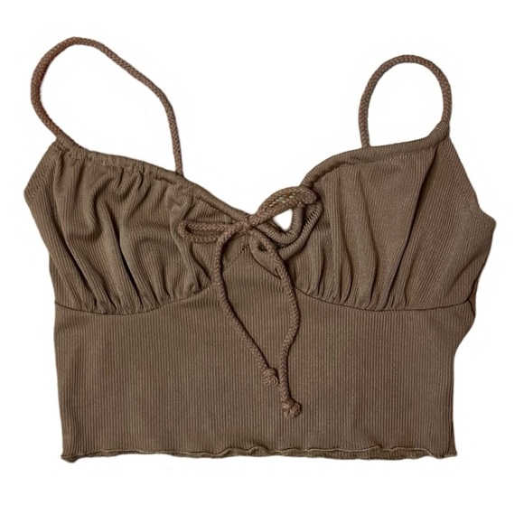 Shein Women’s Tan Ribbed Cottage Crop Top with Ruffle Hem - Picture 2 of 9